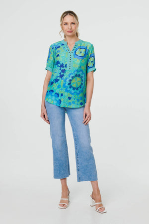 Green | Floral Stud Detail Short Sleeve Blouse
