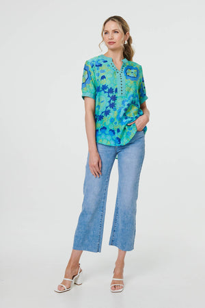 Green | Floral Stud Detail Short Sleeve Blouse
