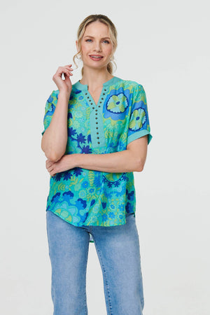 Green | Floral Stud Detail Short Sleeve Blouse
