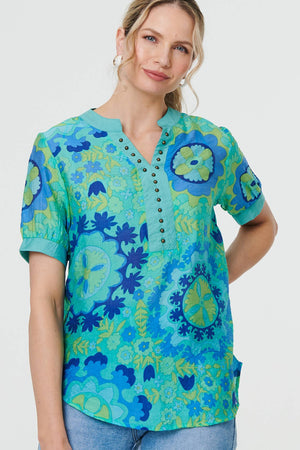 Green | Floral Stud Detail Short Sleeve Blouse
