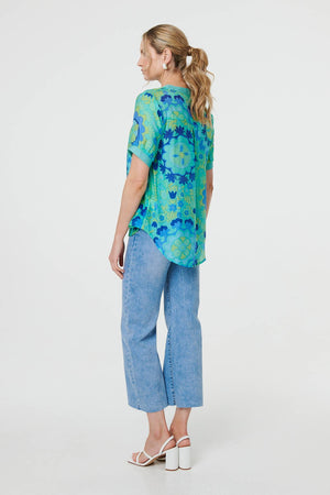 Green | Floral Stud Detail Short Sleeve Blouse
