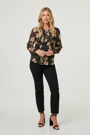 Green | Floral Long Sleeve Chiffon Layer Blouse