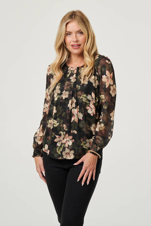 Green | Floral Long Sleeve Chiffon Layer Blouse