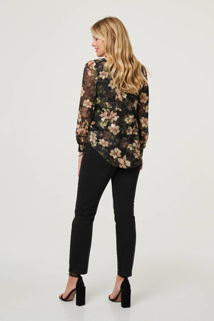 Green | Floral Long Sleeve Chiffon Layer Blouse
