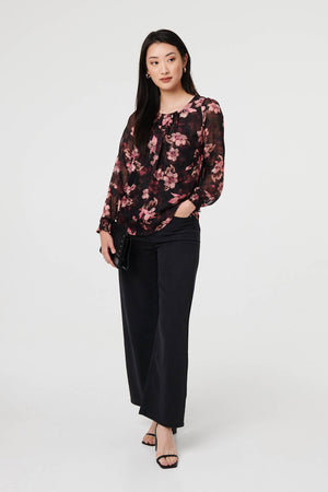 Pink | Floral Long Sleeve Chiffon Layer Blouse
