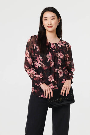Pink | Floral Long Sleeve Chiffon Layer Blouse
