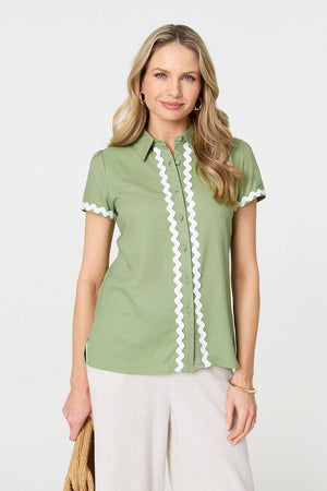 Sage | Zig Zag Trim Short Sleeve Shirt
