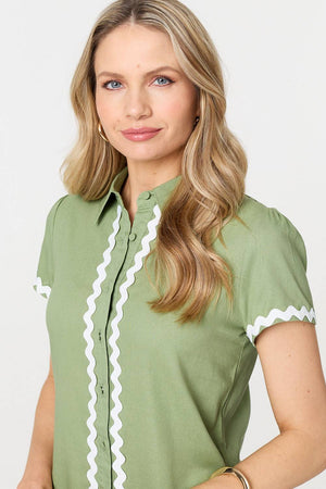 Sage | Zig Zag Trim Short Sleeve Shirt
