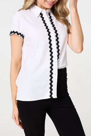White | Zig Zag Trim Short Sleeve Shirt
