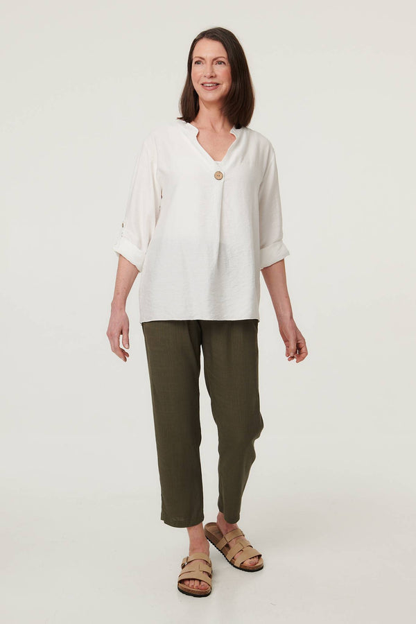 White | Relaxed Turn-Up Sleeve Curve Hem Blouse