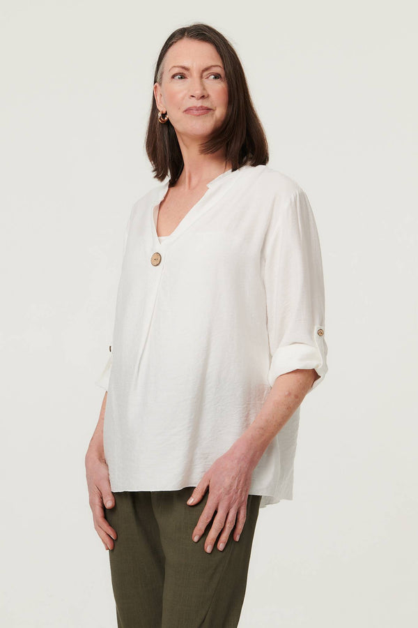 White | Relaxed Turn-Up Sleeve Curve Hem Blouse