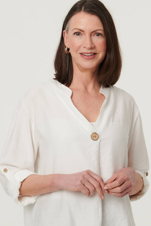 White | Relaxed Turn-Up Sleeve Curve Hem Blouse