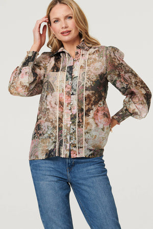 Sage | Floral Lace Trim Long Puff Sleeve Shirt