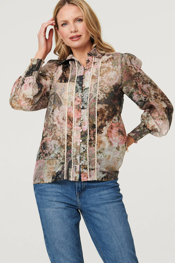 Sage | Floral Lace Trim Long Puff Sleeve Shirt