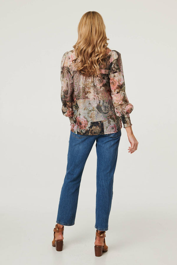 Sage | Floral Lace Trim Long Puff Sleeve Shirt