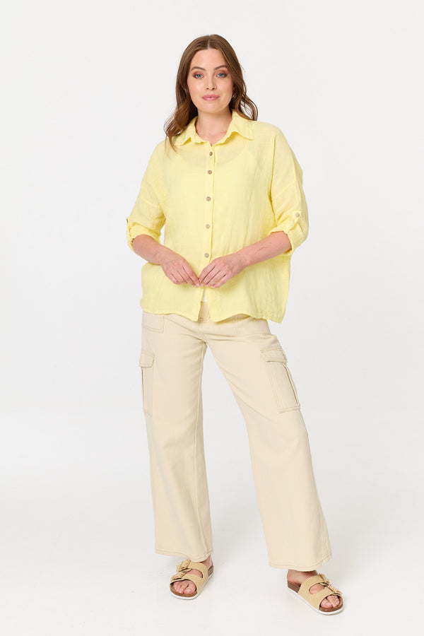 Yellow | Relaxed 3/4 Sleeve Button Front Shirt
