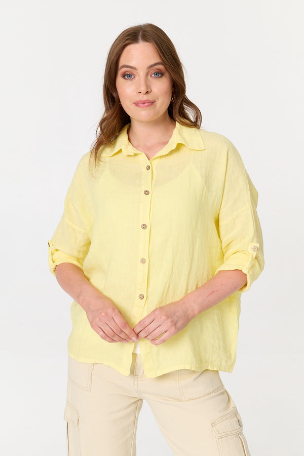 Yellow | Relaxed 3/4 Sleeve Button Front Shirt