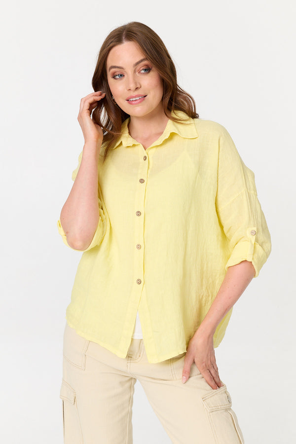 Yellow | Relaxed 3/4 Sleeve Button Front Shirt
