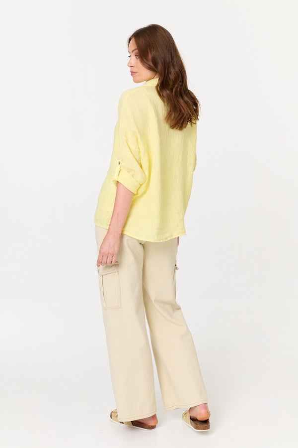 Yellow | Relaxed 3/4 Sleeve Button Front Shirt
