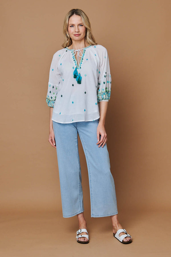 White | Embroidered Tassel Tie Front Blouse