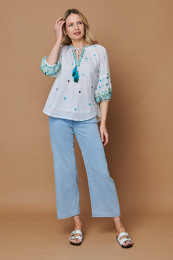 White | Embroidered Tassel Tie Front Blouse