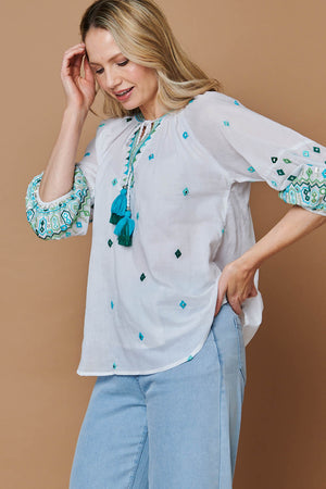 White | Embroidered Tassel Tie Front Blouse