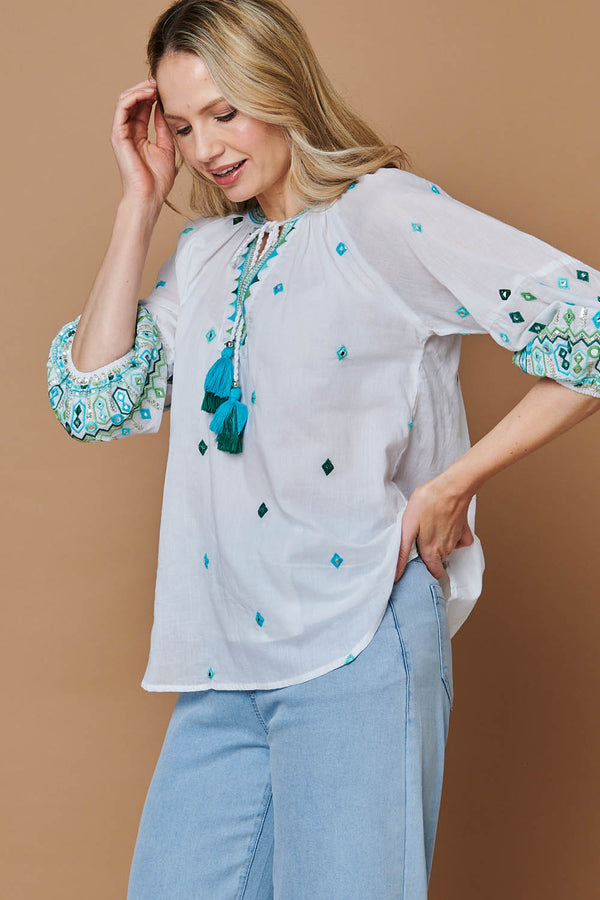 White | Embroidered Tassel Tie Front Blouse