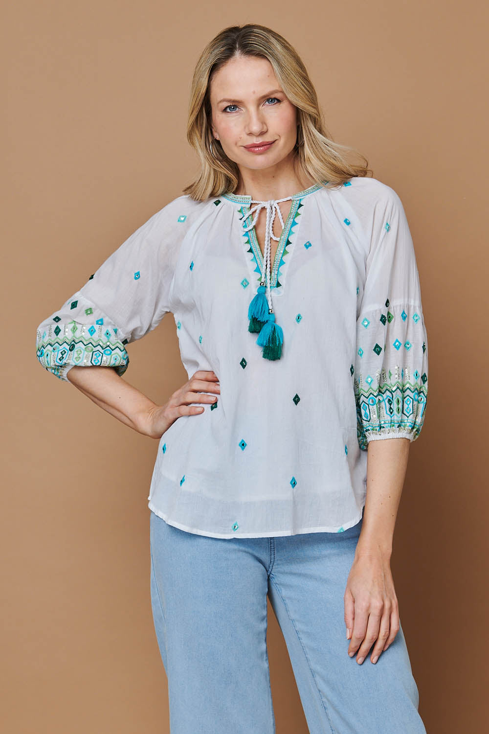Embroidered Tassel Tie Front Blouse | Izabel London
