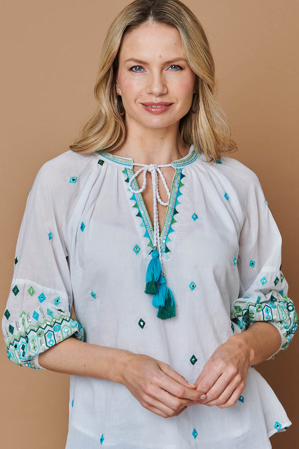 White | Embroidered Tassel Tie Front Blouse