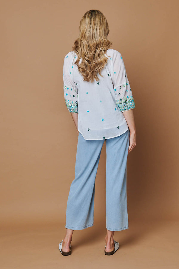 White | Embroidered Tassel Tie Front Blouse