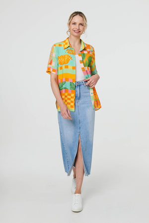 Orange | Patchwork Print Short Sleeve Boxy Shirt
