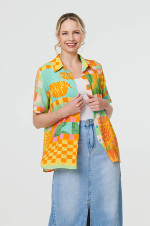 Orange | Patchwork Print Short Sleeve Boxy Shirt
