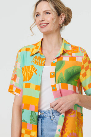 Orange | Patchwork Print Short Sleeve Boxy Shirt

