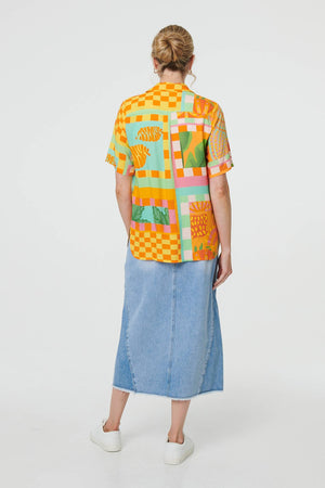 Orange | Patchwork Print Short Sleeve Boxy Shirt
