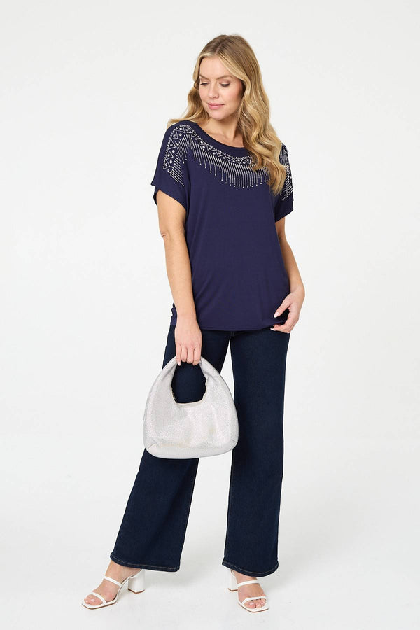 Navy | Diamante Detail Relaxed Short Sleeve Top