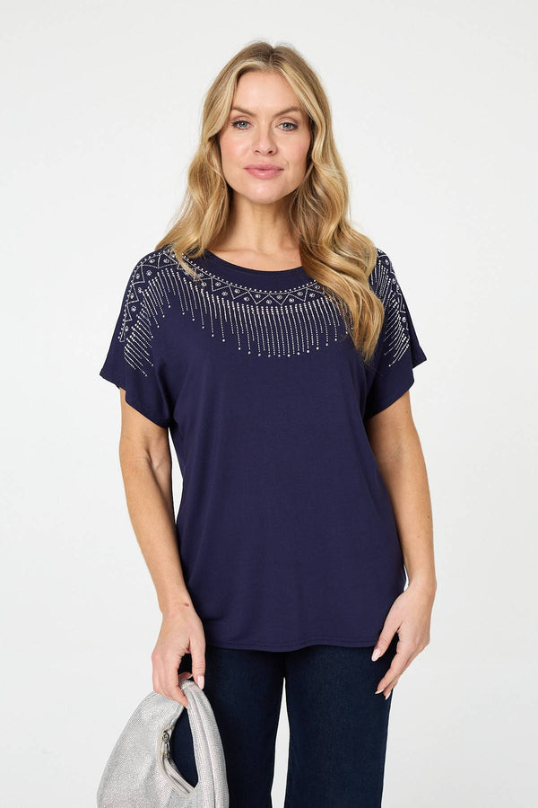 Navy | Diamante Detail Relaxed Short Sleeve Top