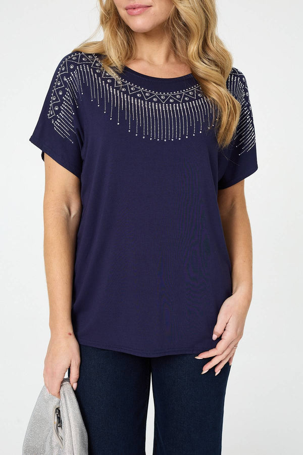 Navy | Diamante Detail Relaxed Short Sleeve Top