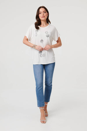 White | Sparkly Graphic Print Relaxed T-Shirt

