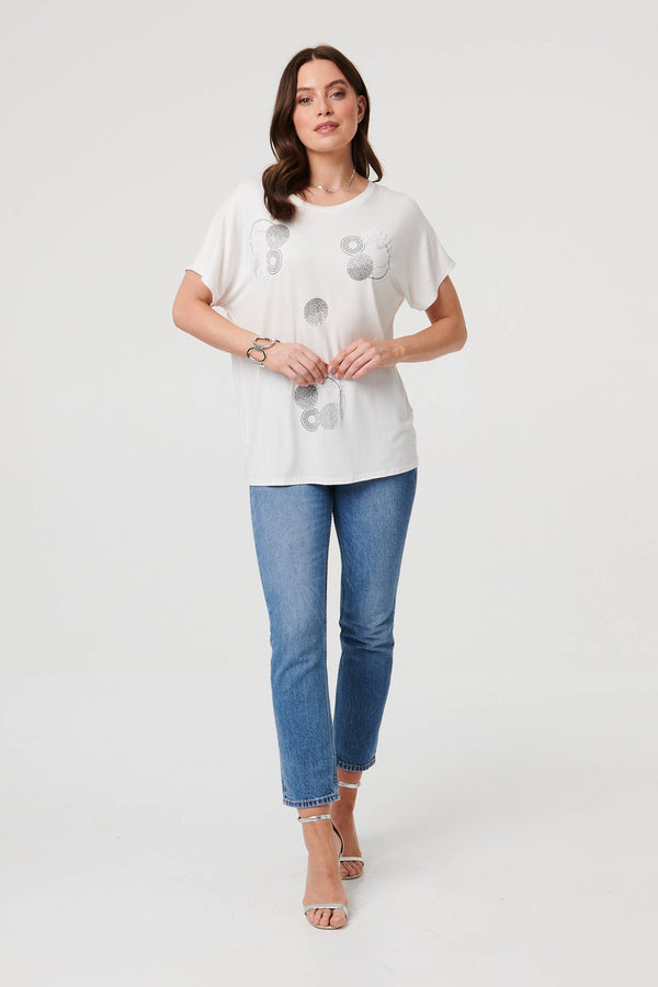 White | Sparkly Graphic Print Relaxed T-Shirt
