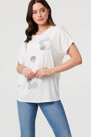 White | Sparkly Graphic Print Relaxed T-Shirt
