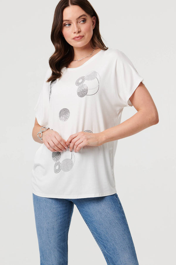 White | Sparkly Graphic Print Relaxed T-Shirt
