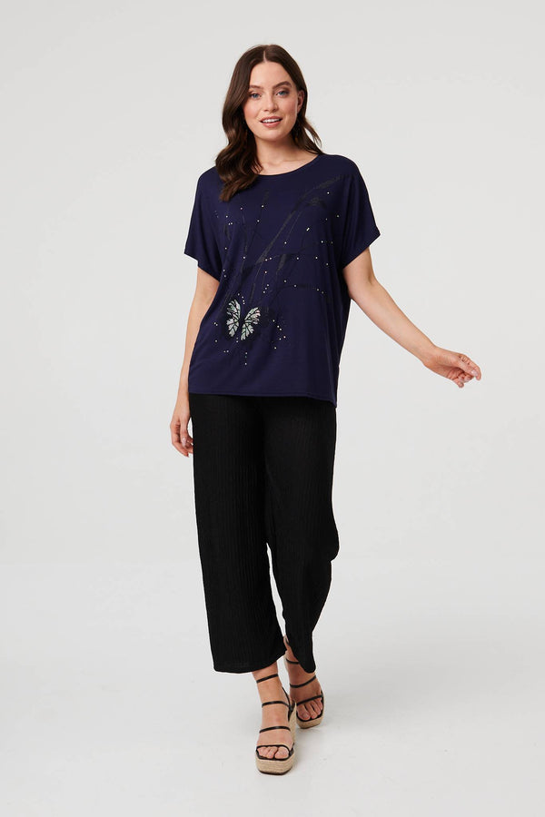 Navy | Butterfly Embellished Relaxed T-Shirt