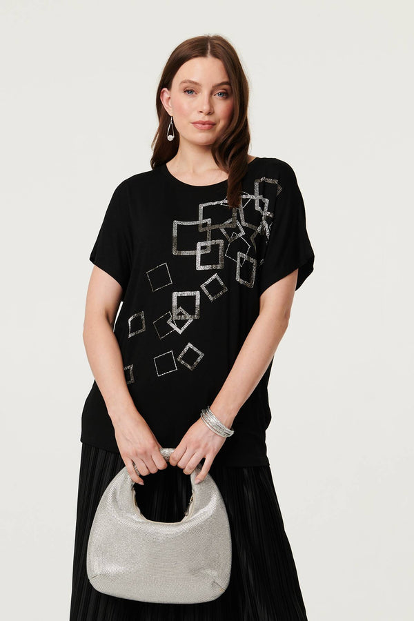 Black | Geo Print Sparkly Relaxed Top