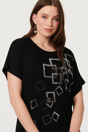 Black | Geo Print Sparkly Relaxed Top