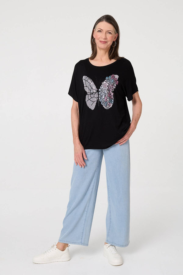 Black | Butterfly Print Sparkly Relaxed Top