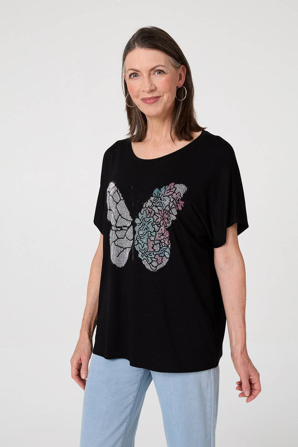 Black | Butterfly Print Sparkly Relaxed Top