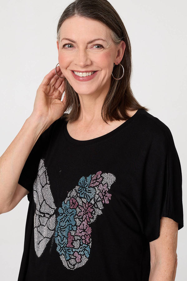 Black | Butterfly Print Sparkly Relaxed Top