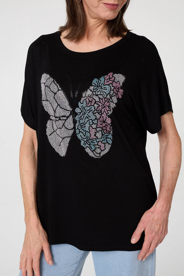 Black | Butterfly Print Sparkly Relaxed Top