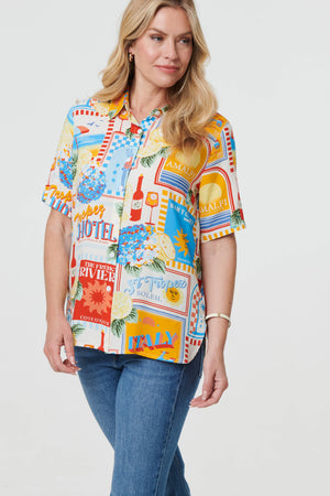 Orange | Printed Short Sleeve Curve Hem Shirt
