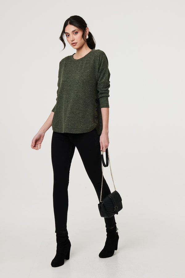 Khaki | Relaxed 3/4 Sleeve Button Detail Top
